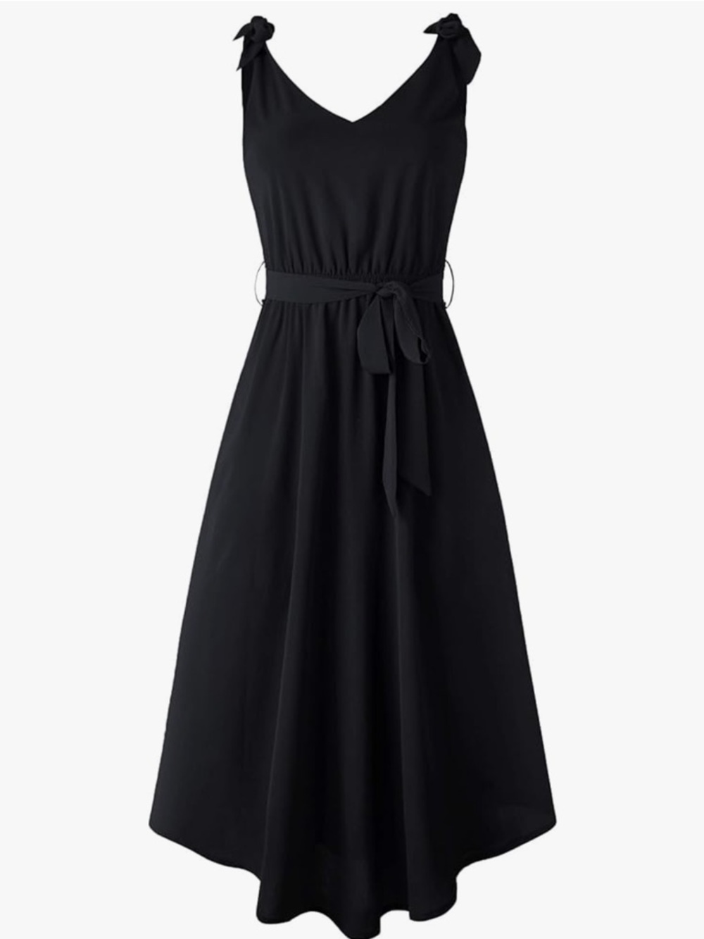 Black Tie-Shoulder V-Neck Midi Dress